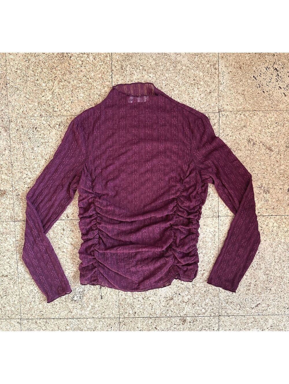 Elodie Lace Mesh Top LARGE Burgundy Mock Neck Ruched Sheer Stretch Whimsigoth